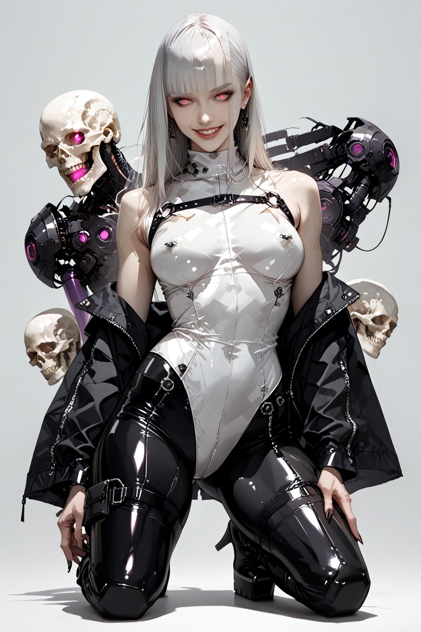 Extremely Wasp Waist, Metallic Body, Unzipped Black Leather Pants Hentai AI Porn