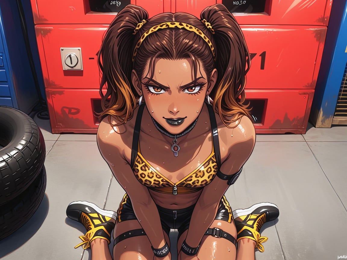 Black Spandex Shorts, トップダウン, Wearing Leopard Print Black Training Clothes ラティーナAIエロ