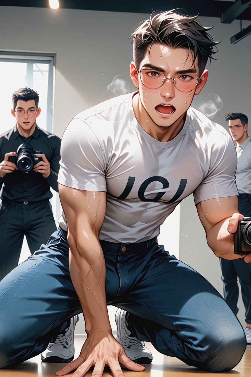 Skinny, Untucked White Graphic T Shirt, Sweaty Skin Hentai AI Porn