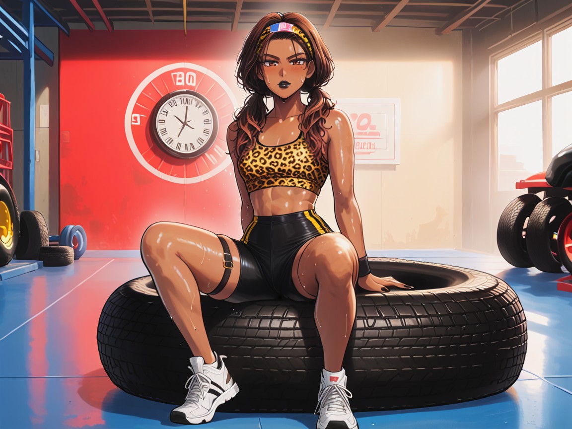 Wearing Leopard Print Black Training Clothes, Gigantic Tractor Tire On Floor, Skinny Hentai AI Porn