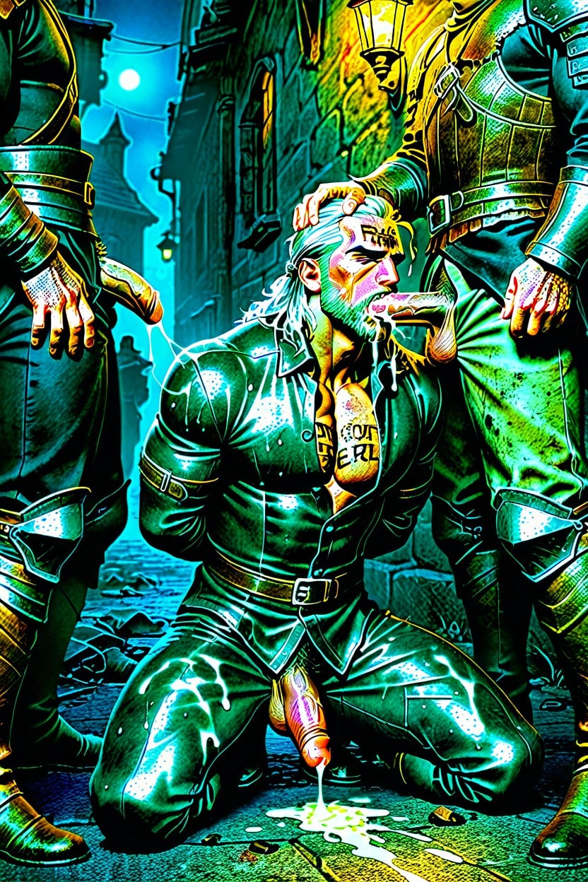 White Hair, Unbuttoned Pants, Jerking Off AI Gay Porn