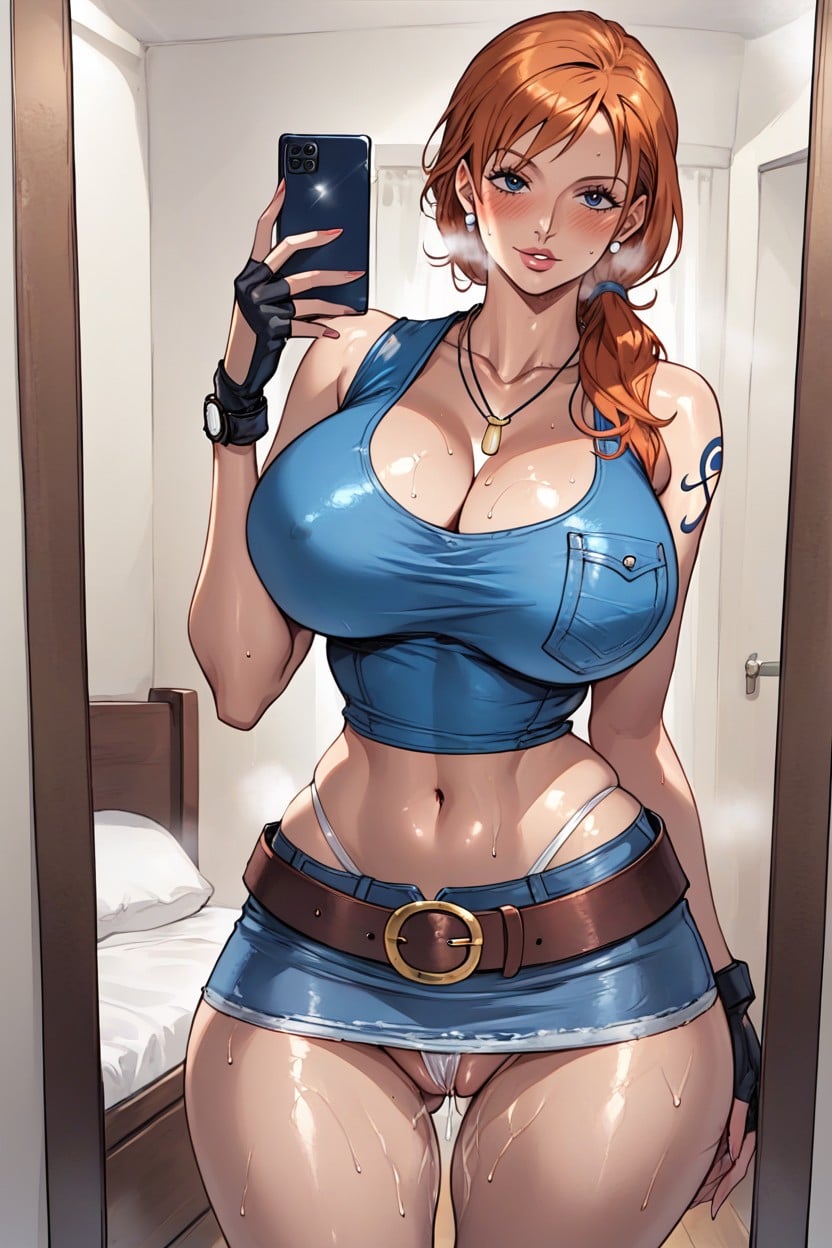 Wet Pussy Juices, Oiled Skin, Blue Sleeveless Strapless Tank Top Hentai AI Porn