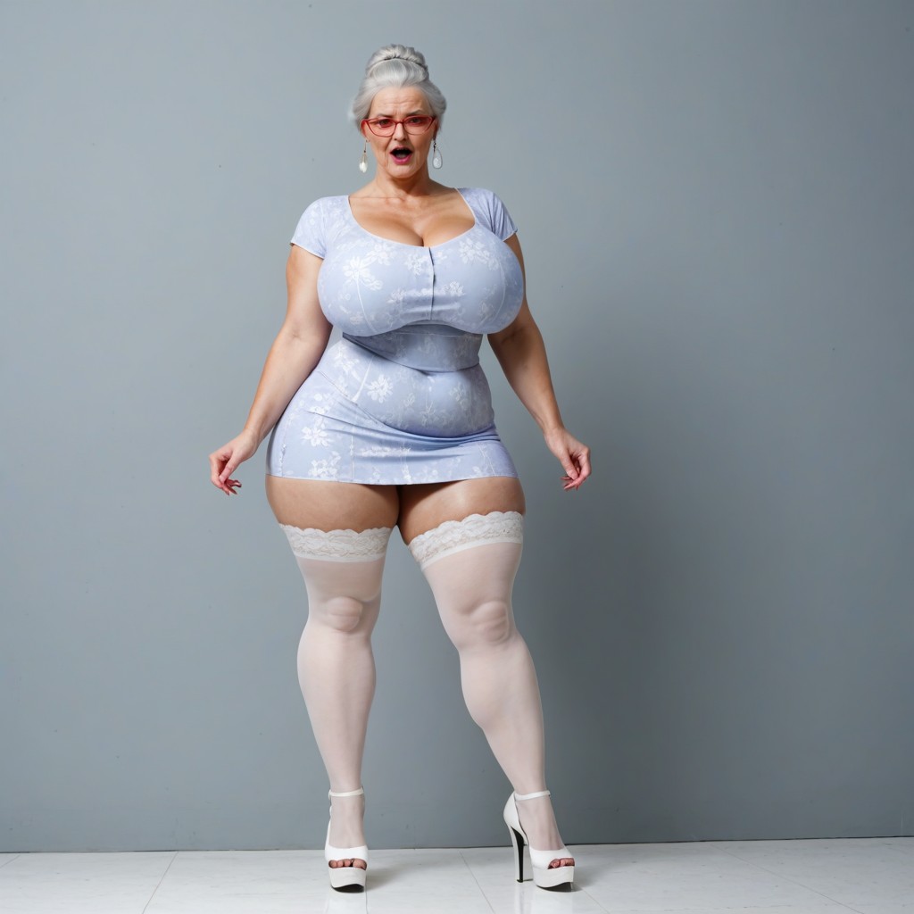 60+, White Stockings Tops Reaching Skirt, Huge Giant Tits AI Porn