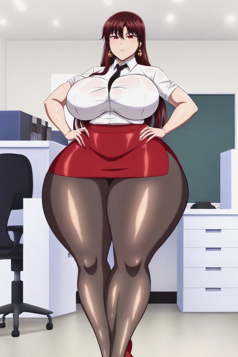 Black Stockings, Dark Brown Hair, Hands On Hips Hentai AI Porn