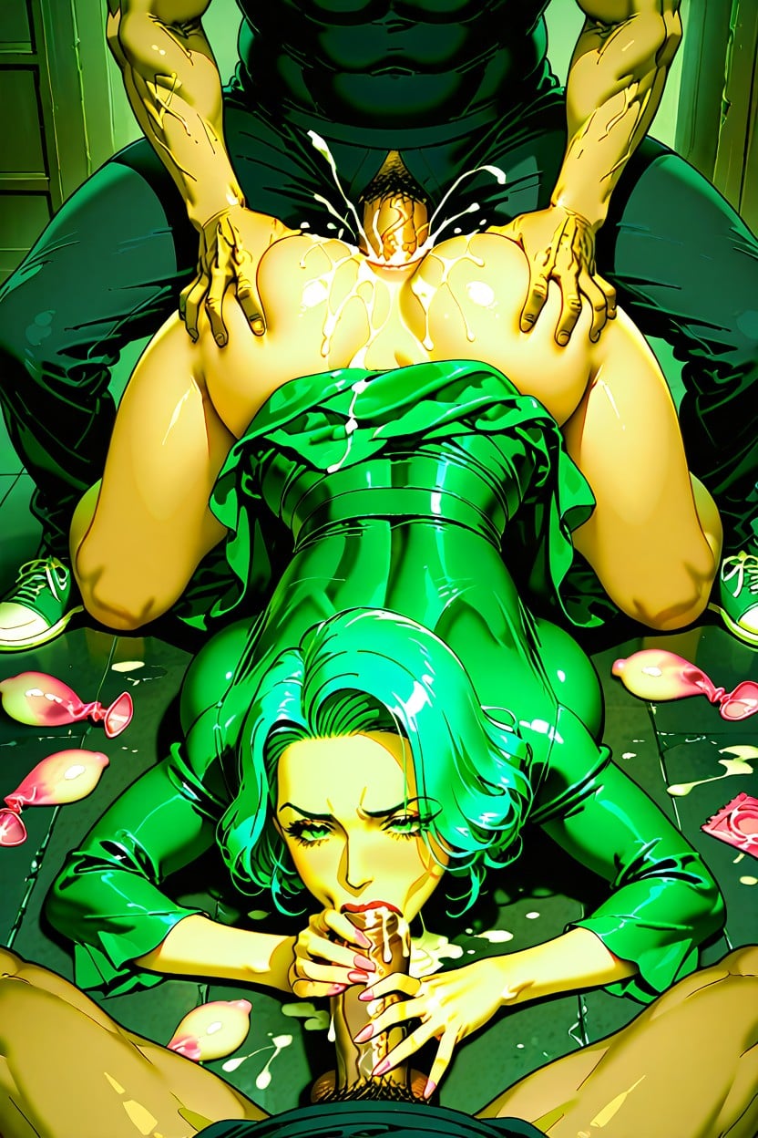 25+, Tight Fitting Green Dress, Used Condoms Spill Cum On The Floor AI Porn