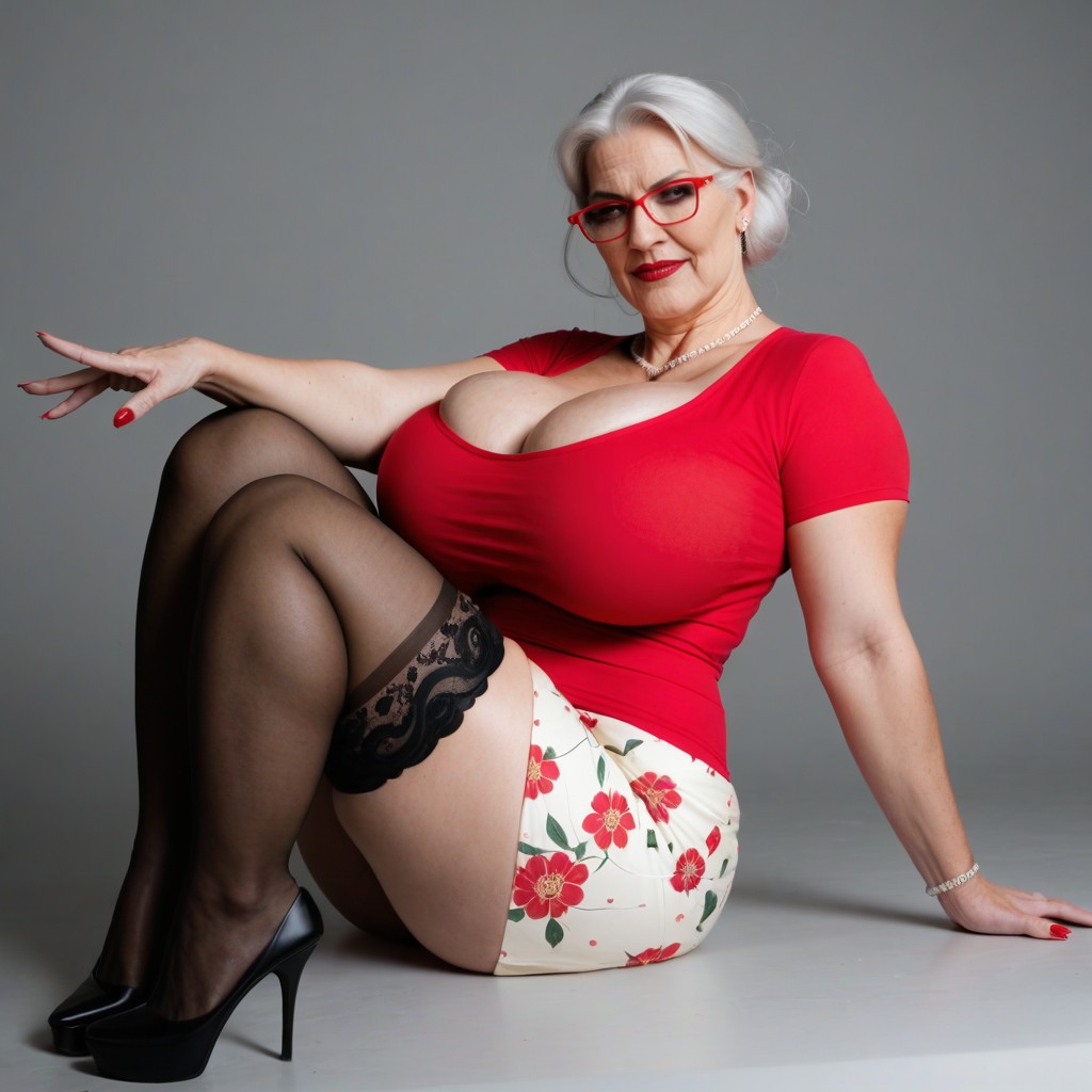 60+, Black Stockings Tops Beneath Skirt, Sitting Down AI Porn