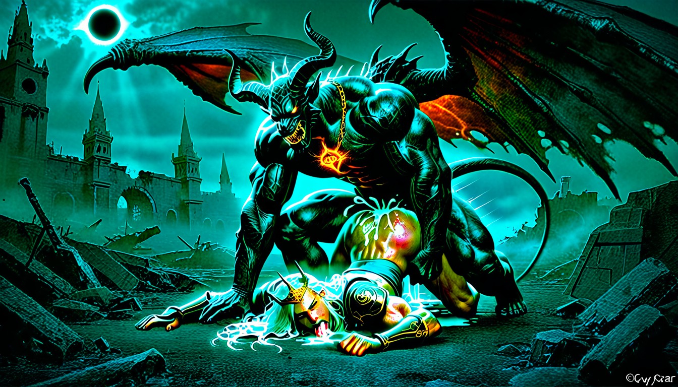 A Giant Red Skinned Demon With Huge Wings And A Human Male, Full Body, Sunny Day AI Gay Porn