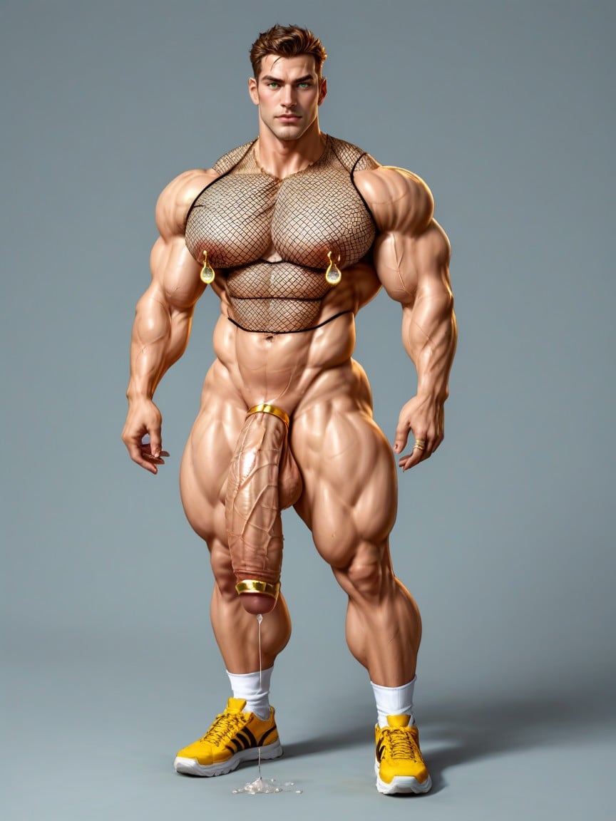 Hyper Gold Cock Ring Covers Half Of The Cock, Naked, Extremely Oversized Pillowy Bulging Plump Pecs AI Gay Porn