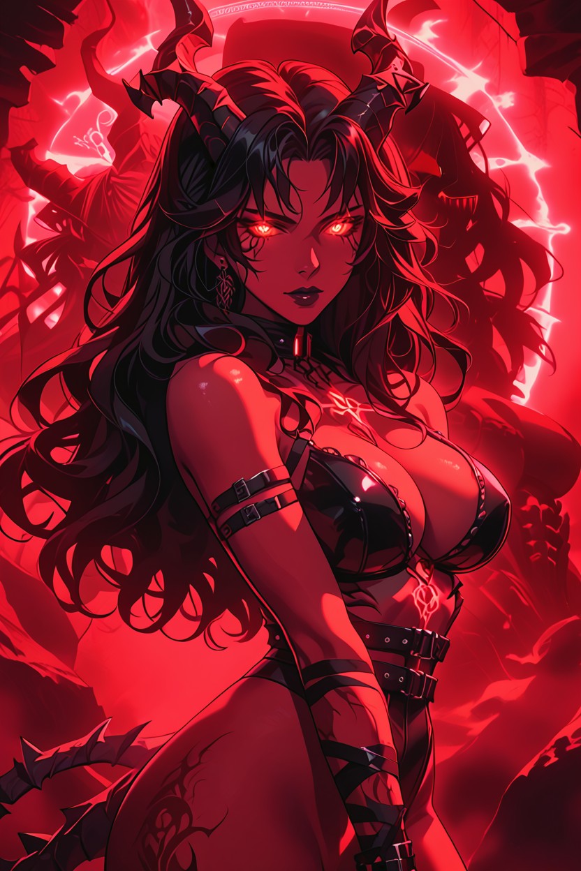 Demonic Goddess Lilith Standing Tall At Meters, Hypnotic And Seductive Expression, Neon X V Style Hentai AI Porn