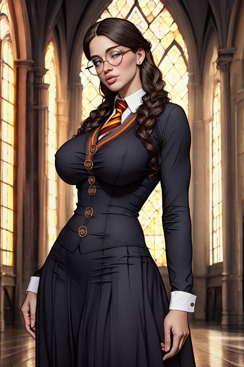 Dark Hair, Palace Background, Wearing Black Hogwarts Uniform AI Porn