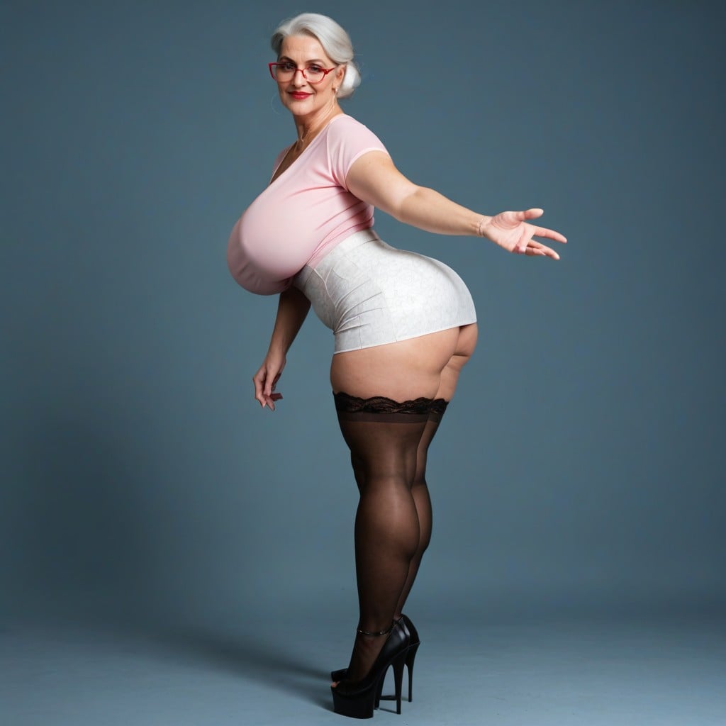 Black Stockings Tops Reaching Skirt, Short Sleeves, White Platform High Heels AI Porn