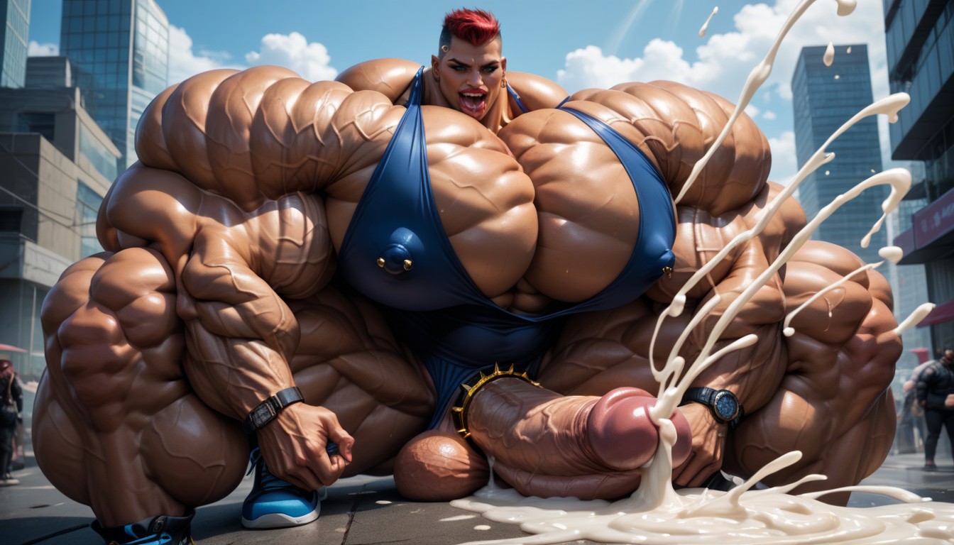Gigantic Hyper Muscular Futanari Ejaculating Over A Shorter Bimbo, Giantess Dominant, Hyper Tall Shemale AI Porn