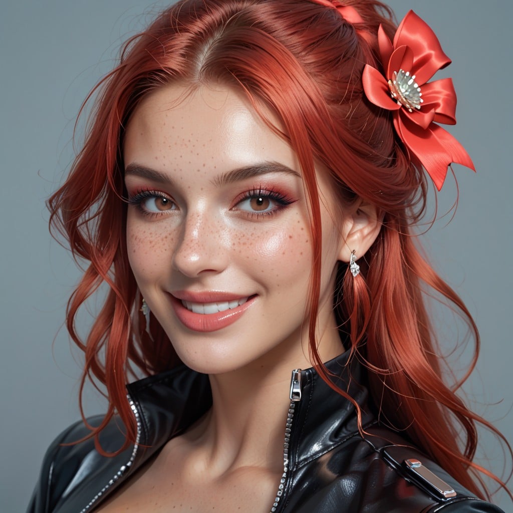 Inverted Exposed Soft Nipples, Navel Piercing, Red Bow In Hair AI Porn