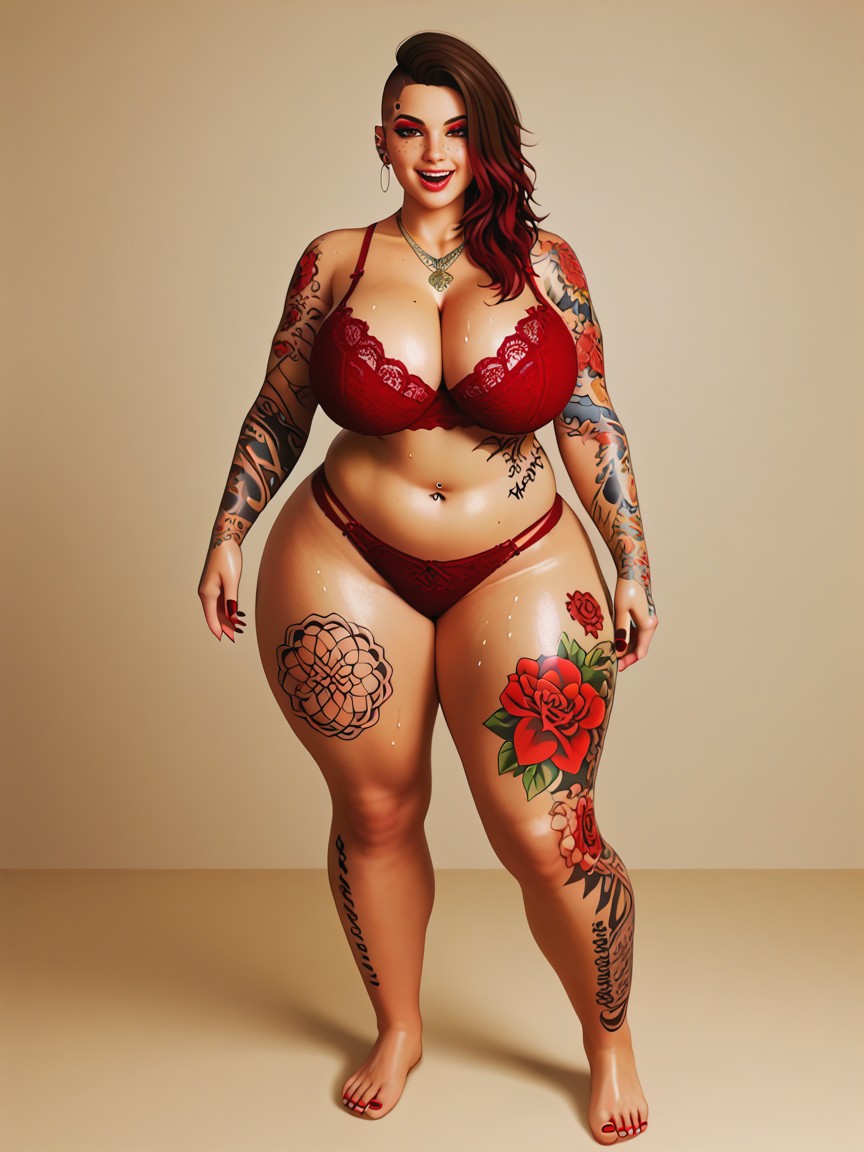 Full Sleeve Tattoos On Arms, Brown Eyes, Freckles Hentai AI Porn