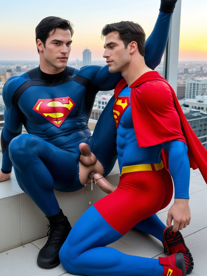 City Rooftop, Superman Wearing Blue Latex Long Sleeve Suit, He Is Ready To Climax AI Gay Porn