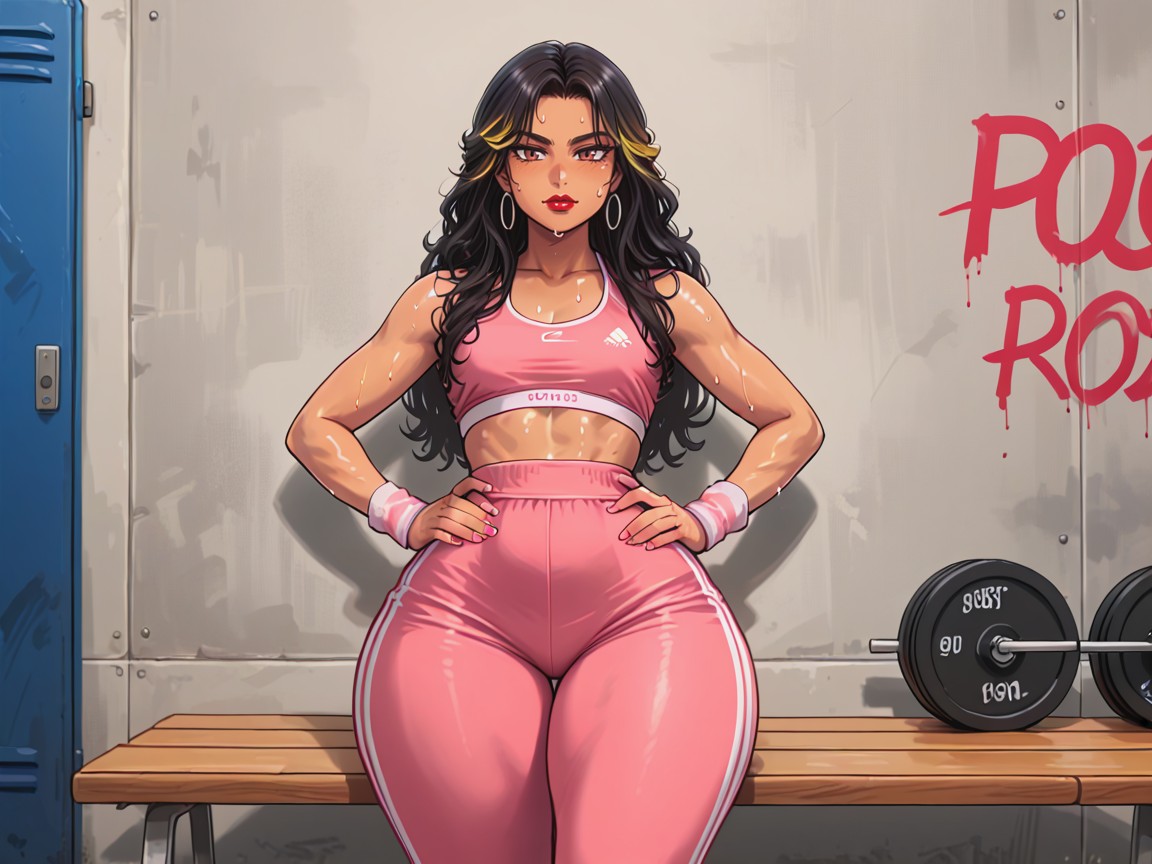 Small Breasts, Wearing Pink Training Clothes With White Fur Wrap, Gym Location Hentai AI Porn