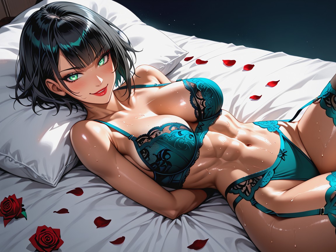 Detailed Eyes, Teal Thong With Black Lace Trim, Front View Hentai AI Porn