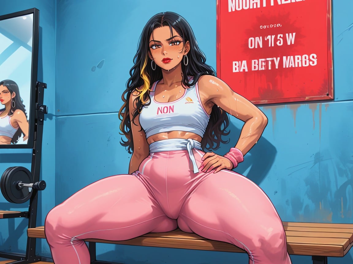 Personal Trainer, Vibrant Saturated Colors, Pale Tan Skin Hentai AI Porn