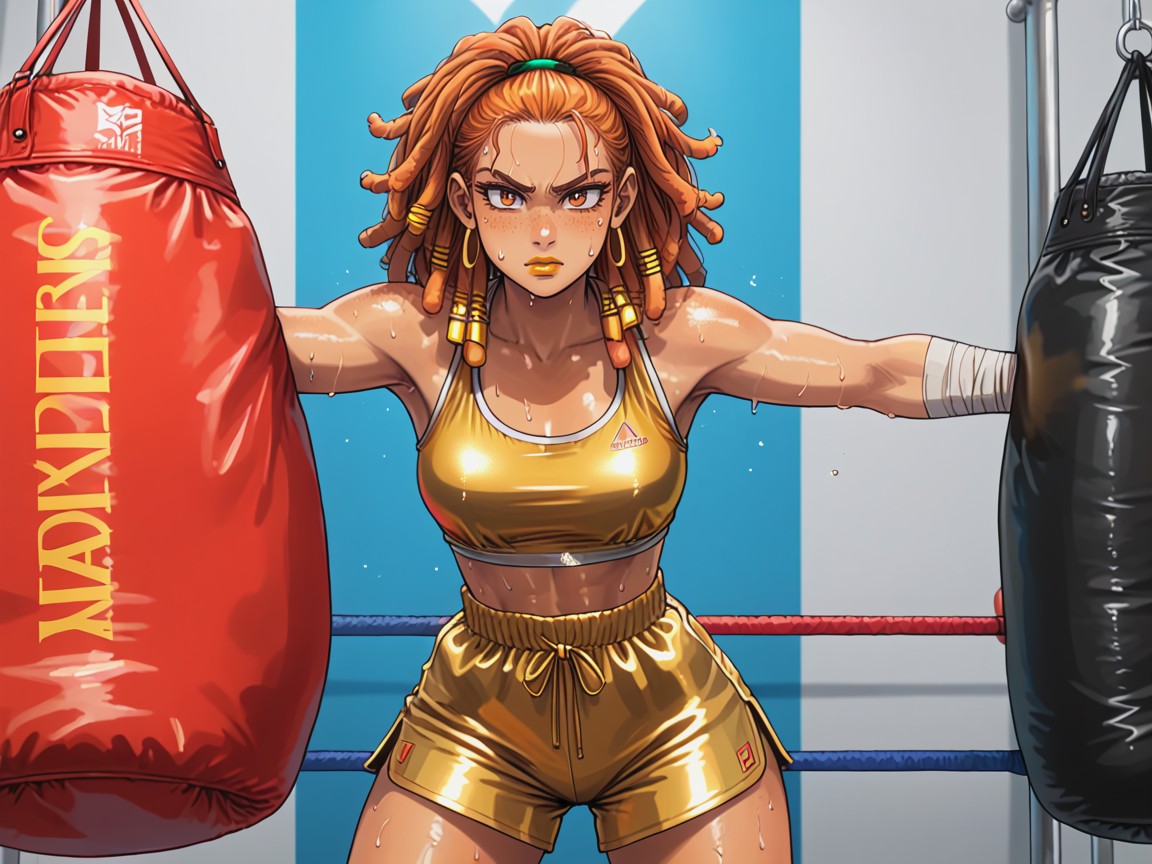Sweaty, Wearing Gold Silk Training Clothes, Gold Silk Shorts Hentai AI Porn