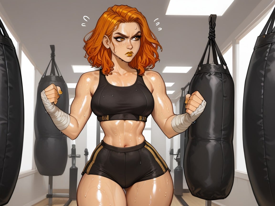 Sweaty, Mirror Panel In Background, Light Tan Skin Latina AI Porn
