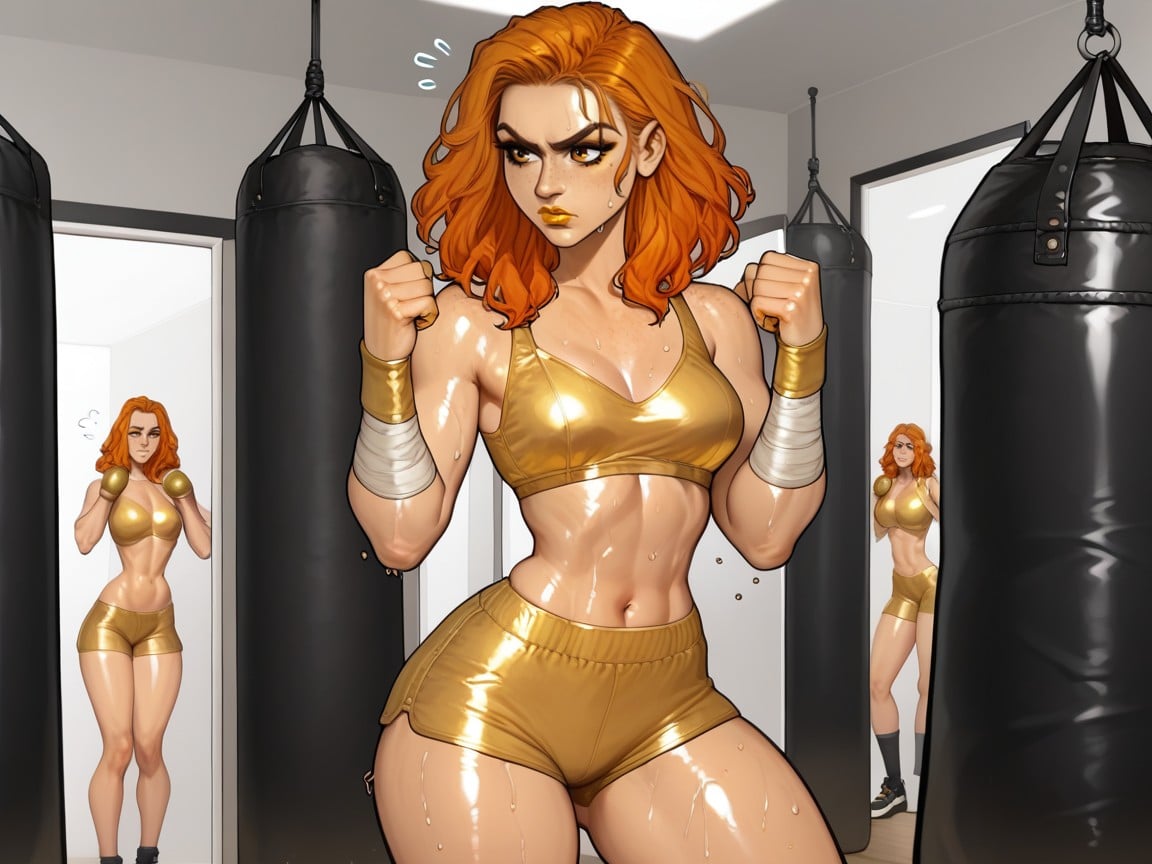 Gold Silk Shorts, Gym Location, High Contrast Colors Latina AI Porn