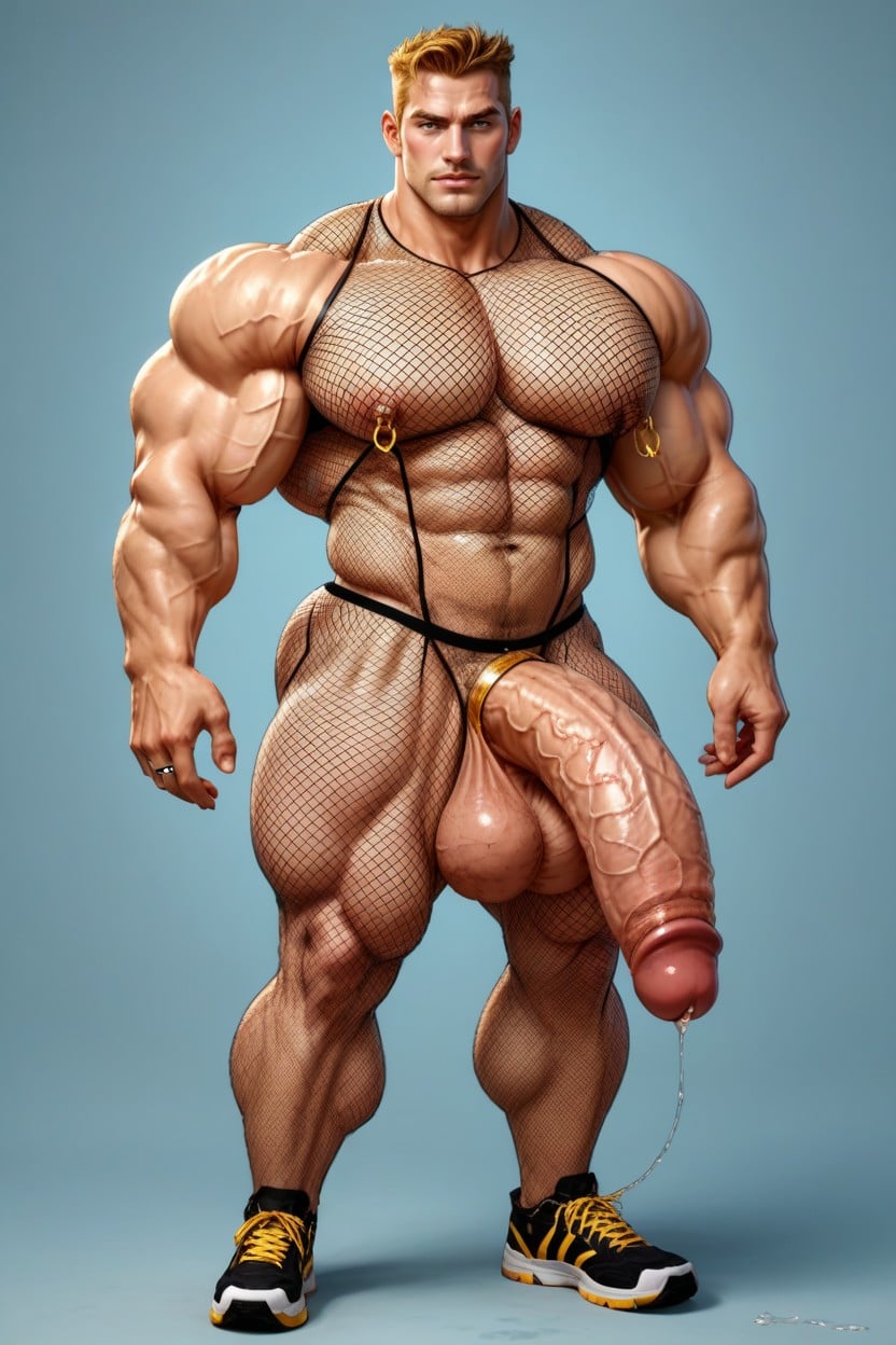 Golden Designer Sneakers, Big Fat Thick Girth Cock, Golden Nipple Clamps AI Gay Porn