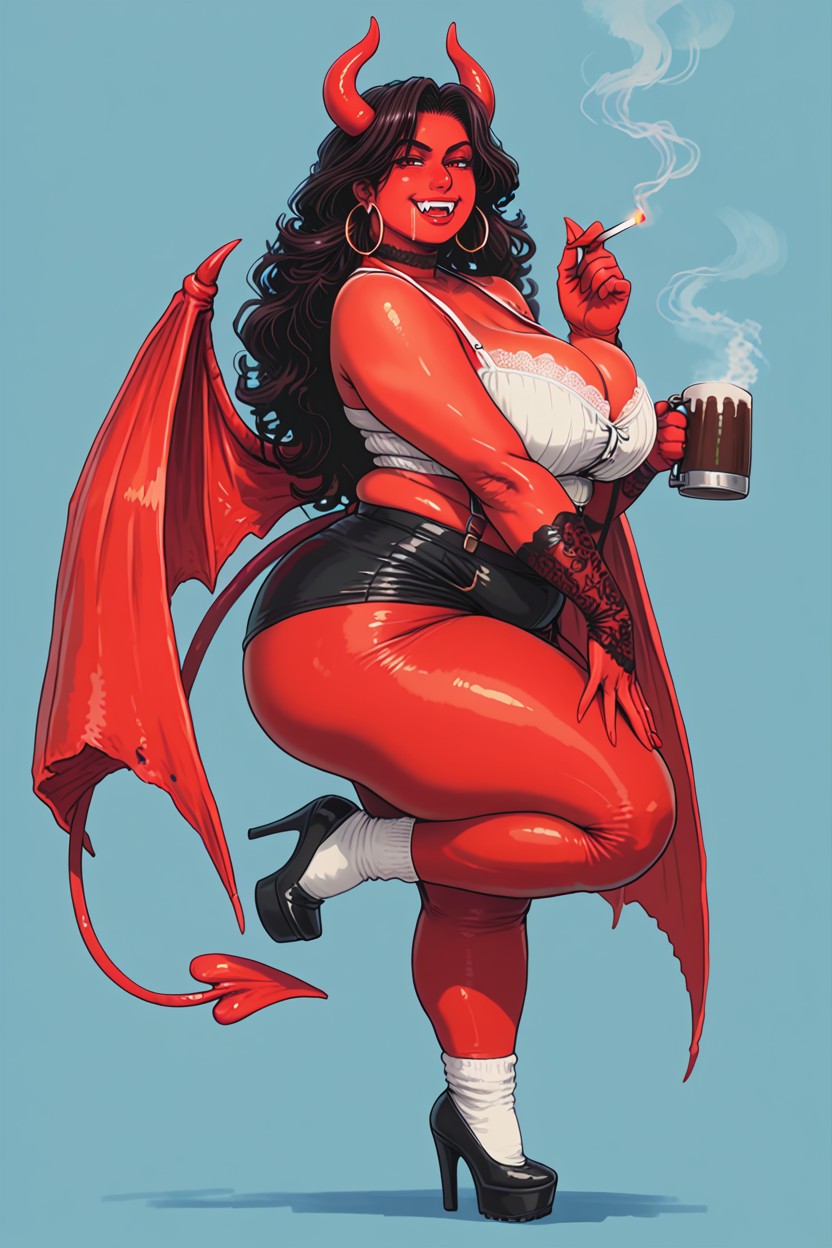 Red Devil Horns, Rounded Breasts, Elbow Length Black Lace Gloves BBW AI Porn