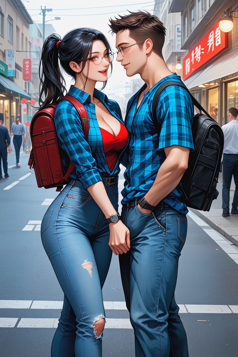 Woman Spiral Wispy Bangs, Many Stores, Man Goofy Face Hentai AI Porn