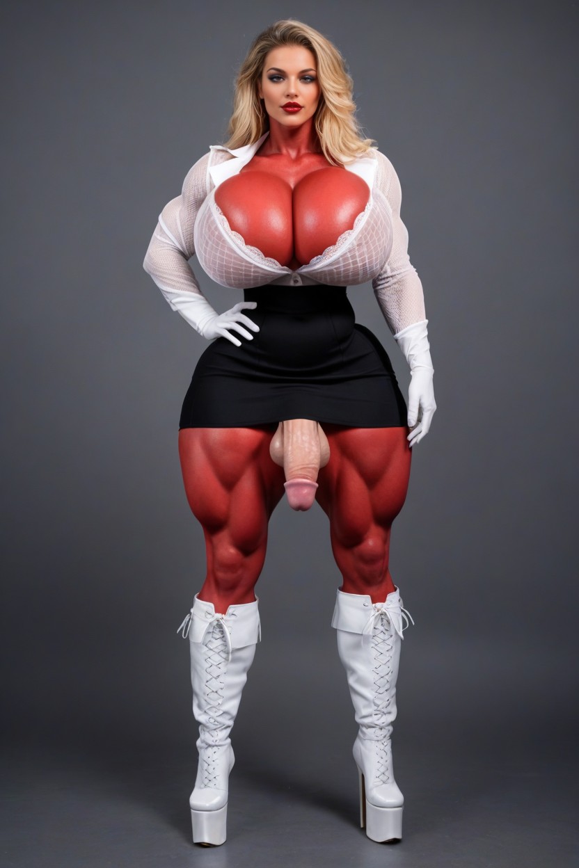 Red Sexy Lace Bodysuit, Colossal Body Futanari, Messy Hair Shemale AI Porn