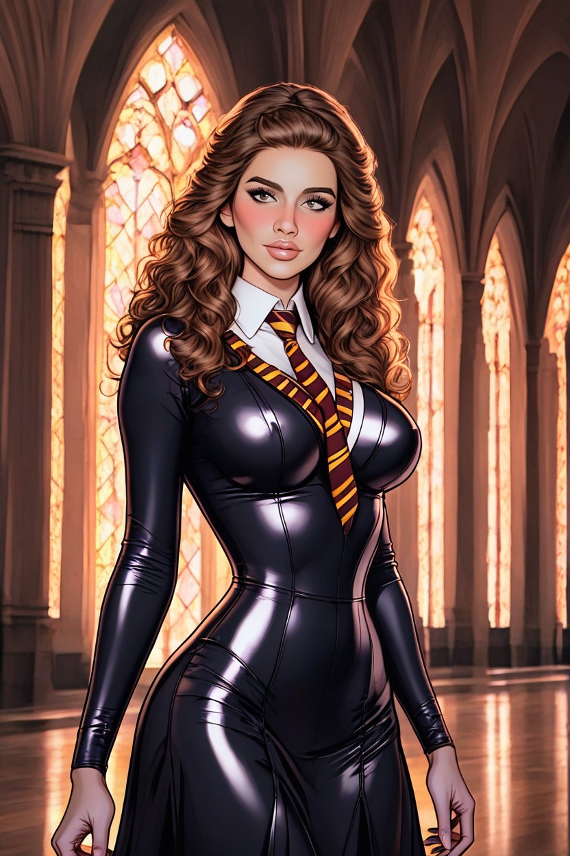 Latex Hogwarts Witch Uniform, Latex Hogwarts Uniform From Harry Potter, Dumb Expression AI Porn