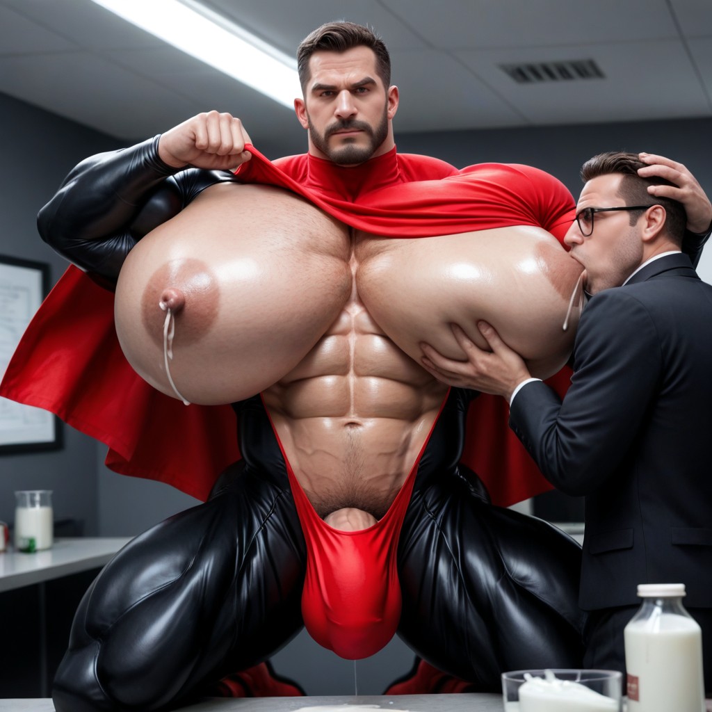 Milk Man Angry Expression, Red Cape, Squeezing Boobs Together AI Gay Porn