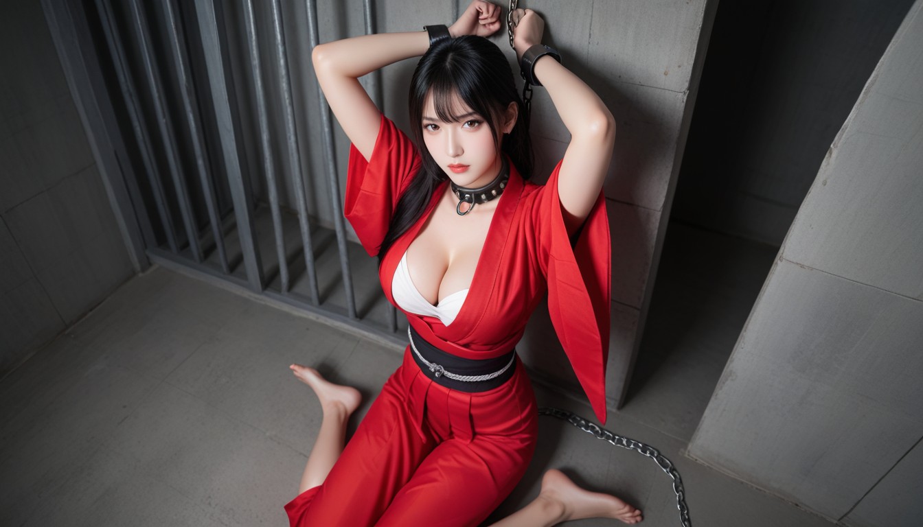 Arms Behind Head, Red Kimono, Restrained Asian AI Porn