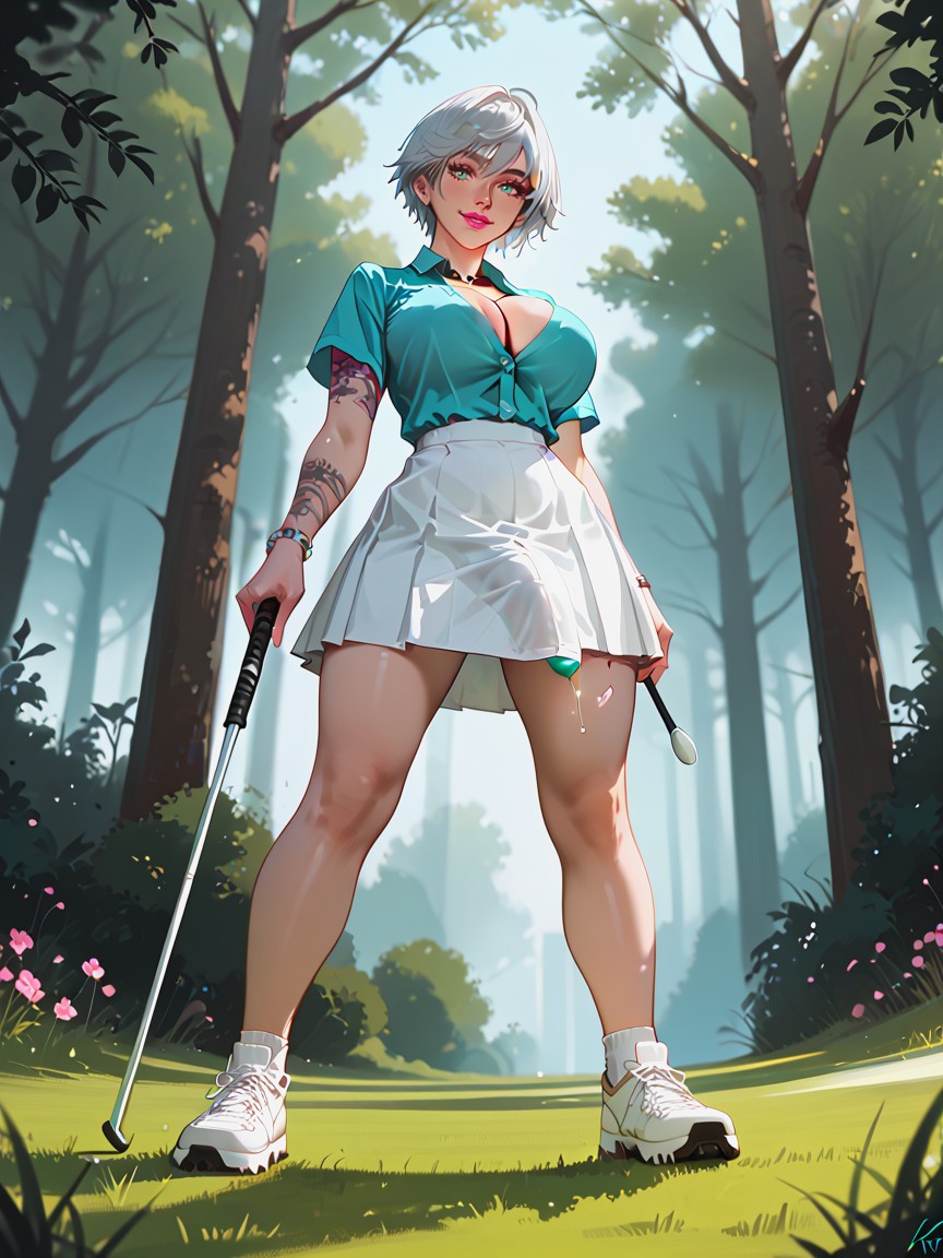 Standing In Front Of Golf Hole, Smiling, White Golf Skirt Shemale AI Porn