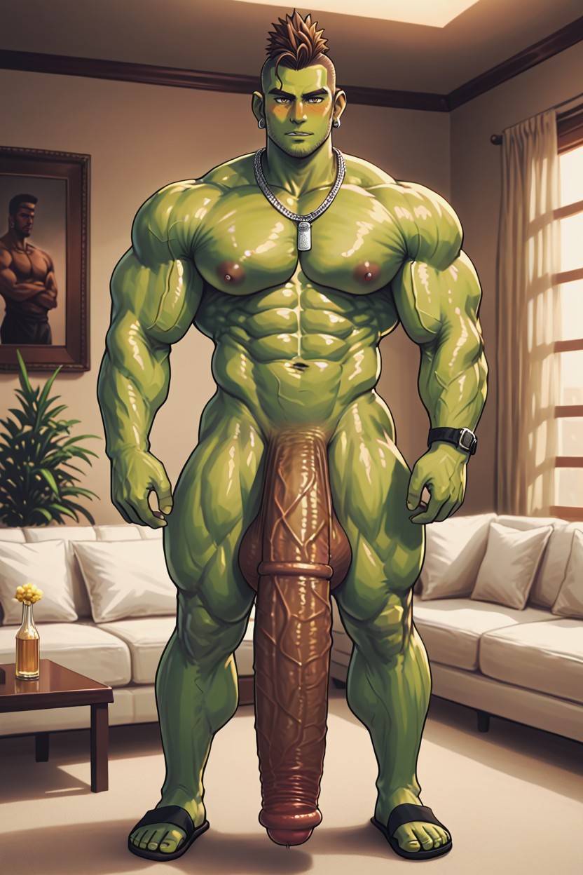 Thick Girthy Cock, White And Black Furniture, In A Living Room AI Gay Porn