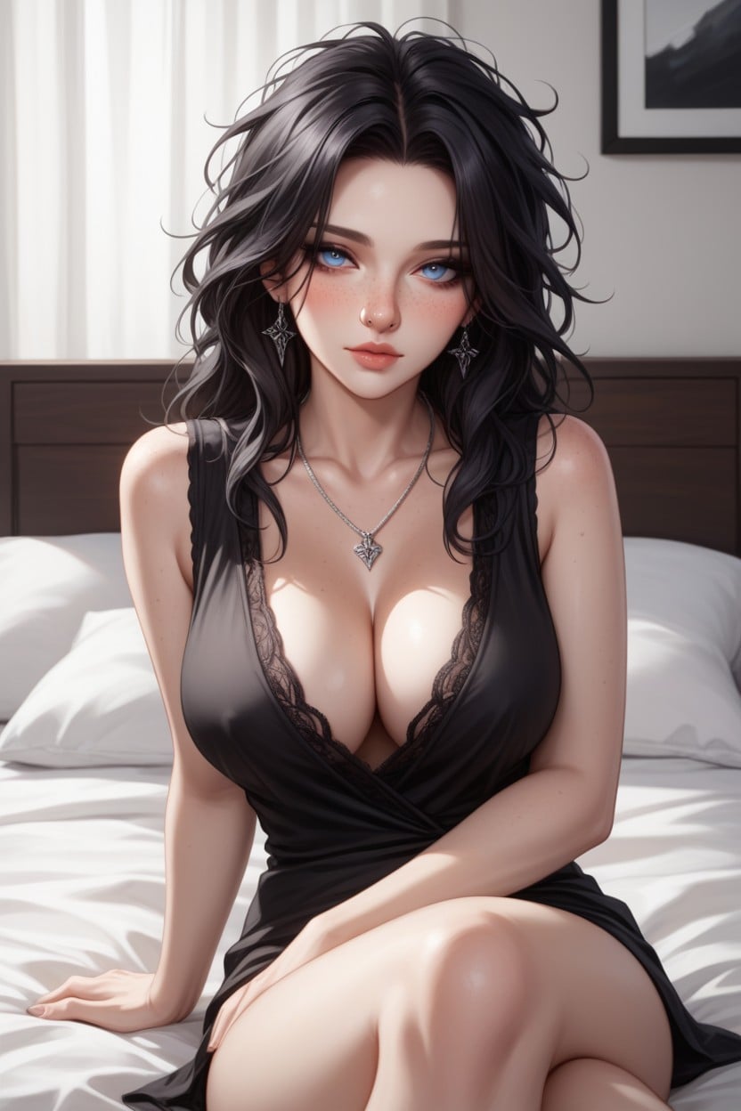 Black Lace Trim, Wearing A Black Top With A Deep Plunging Neckline, Freckles Hentai AI Porn