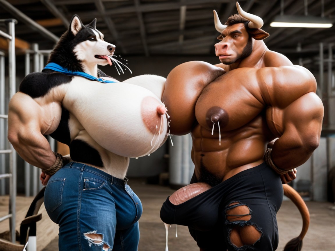 Hyper Pecs, Rough Squeeze, Husky Furry Grabbing Cattle Furry's Breasts AI Gay Porn