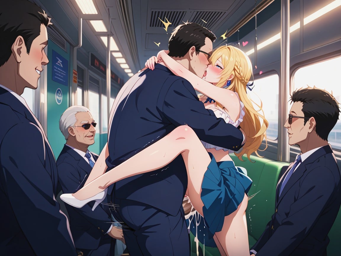 On Train Filled With Men, Vaginal Sex, Deep Kiss Hentai AI Porn