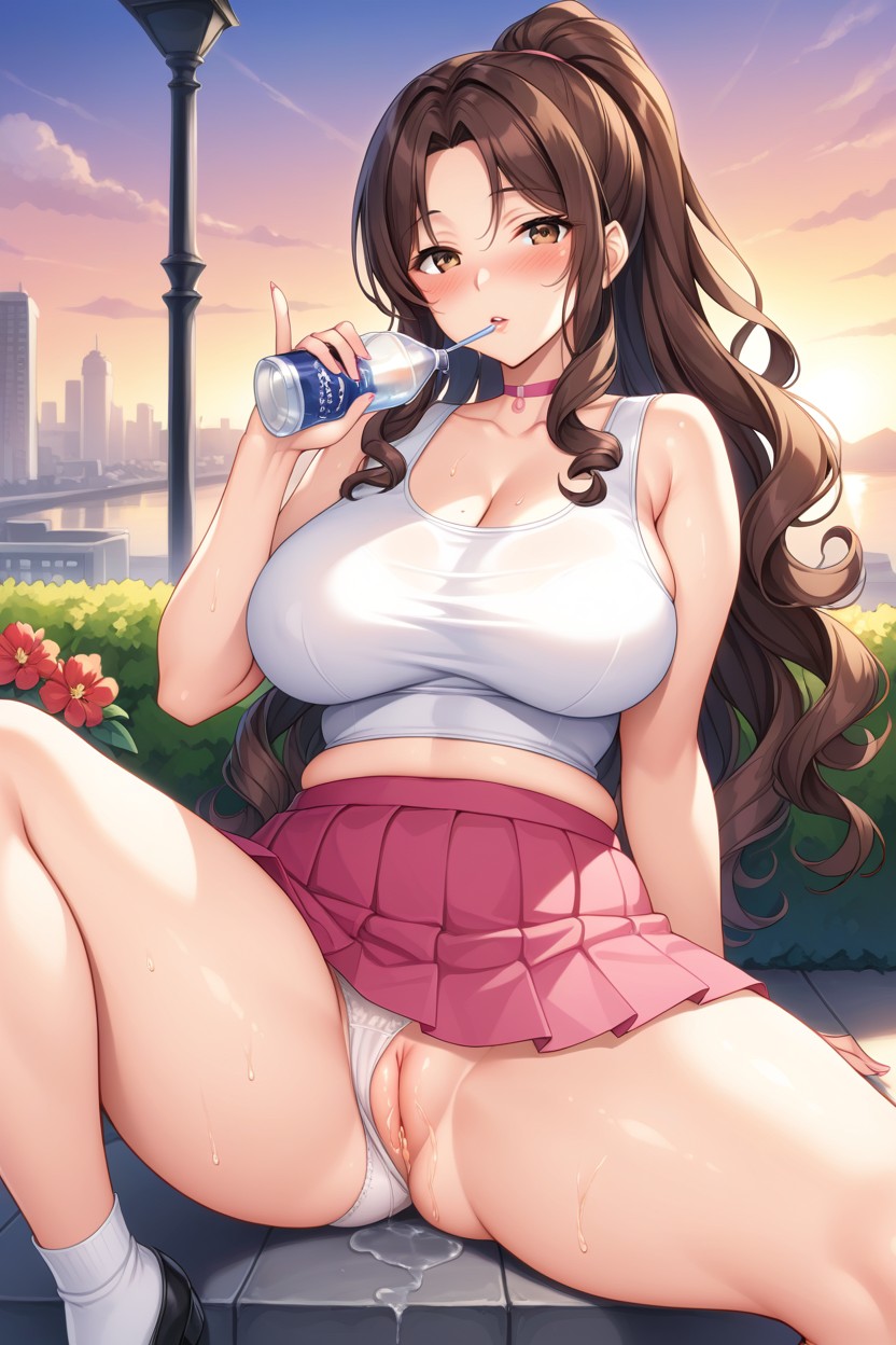 Sunset, Pink Pleated Skirt, European City Park Hentai AI Porn