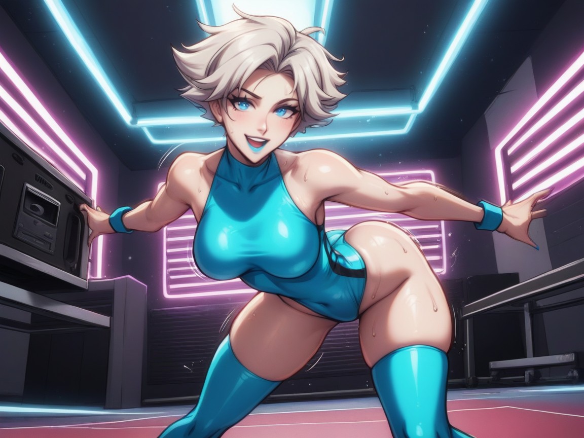 Aerobics Trainer, Blue Metallic Leotard, Rounded Ass AI Porn