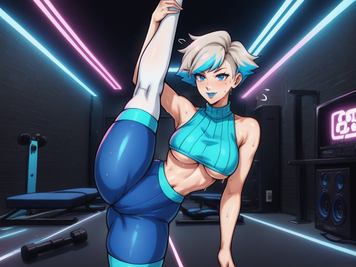 1 Person, Wearing Blue Metallic Training Clothes, Underboob AI Porn