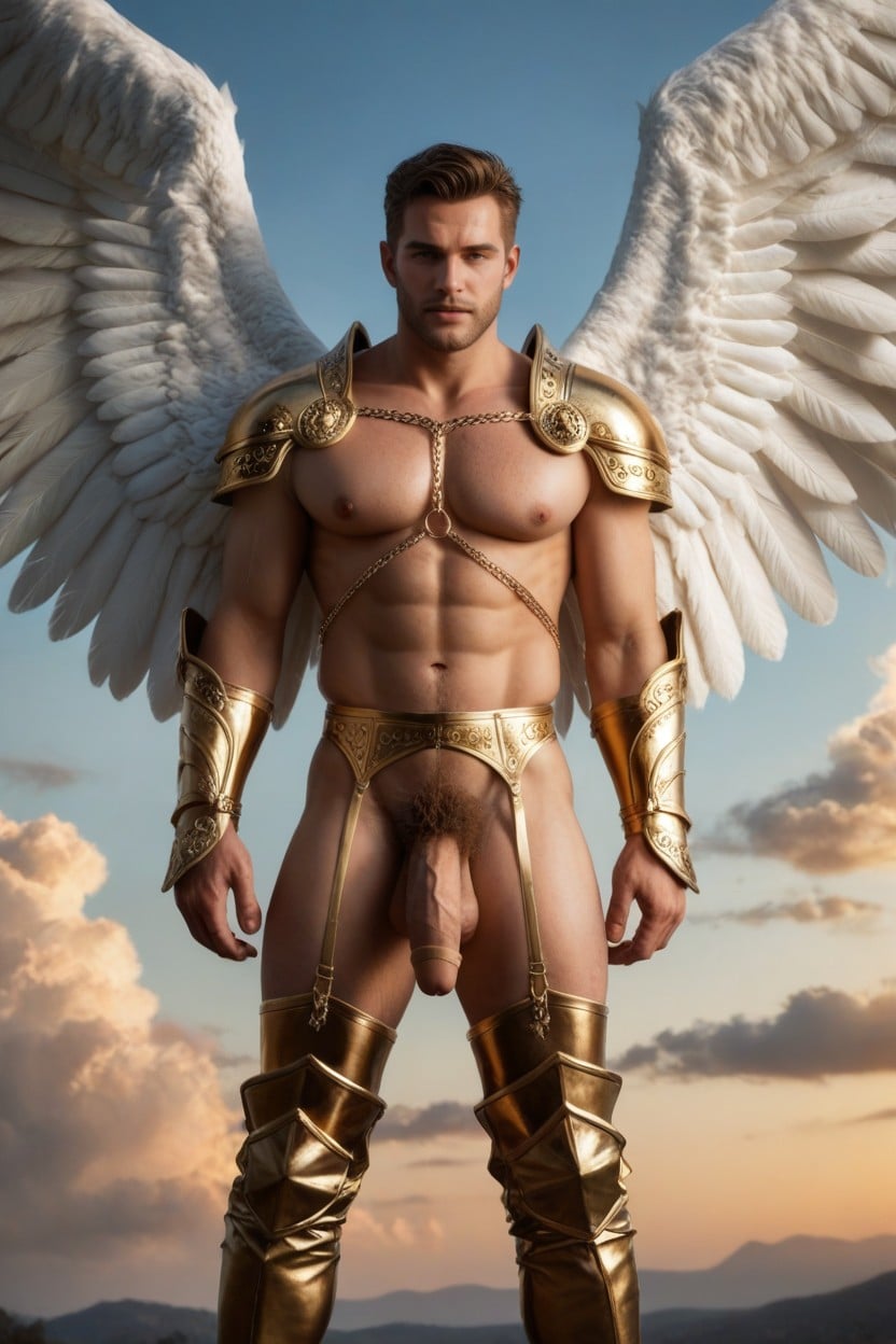 Extremely Revealing Armor, Grabbing Golden Bow In Hand, Golden Cockring AI Gay Porn
