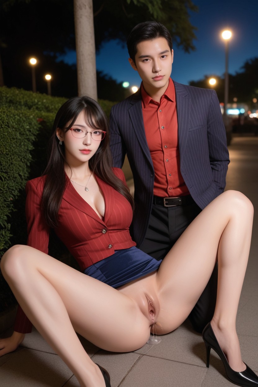 Brunette, Glasses, Red Pencil Skirt Asian AI Porn