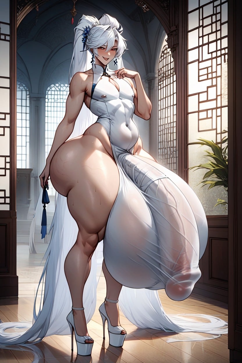 Very Long Hair, Highly Detailed Extra Huge Large Cock Bulge, Stretch Marks Shemale AI Porn