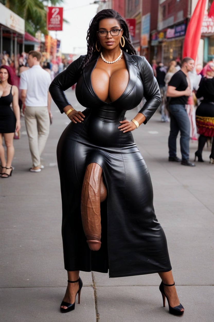 Touching Bulge, Black Leather Dress, Carnival Shemale AI Porn