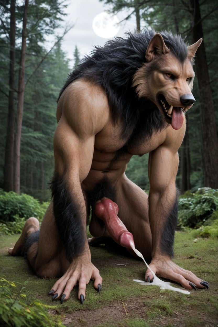 Werewolf Howling, Big Erection, Hairy Chest And Abdomen AI Gay Porn
