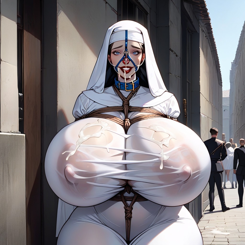 Arm Tied Behind Back, Long Transparent Nun Uniform Dress, Brown Ropes AI Porn