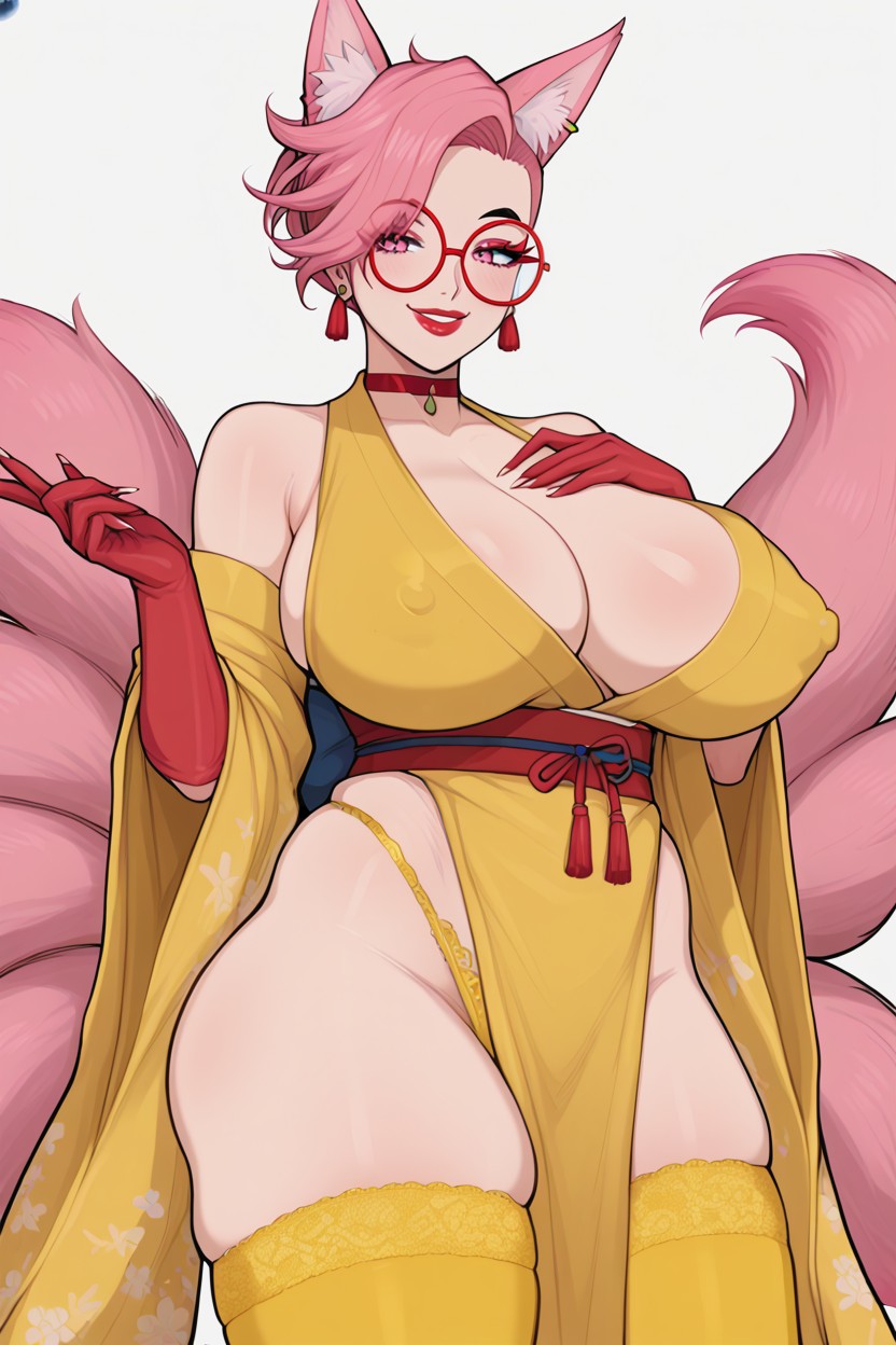 Jewelry, Red Belt, Pink Fox Tails Hentai AI Porn