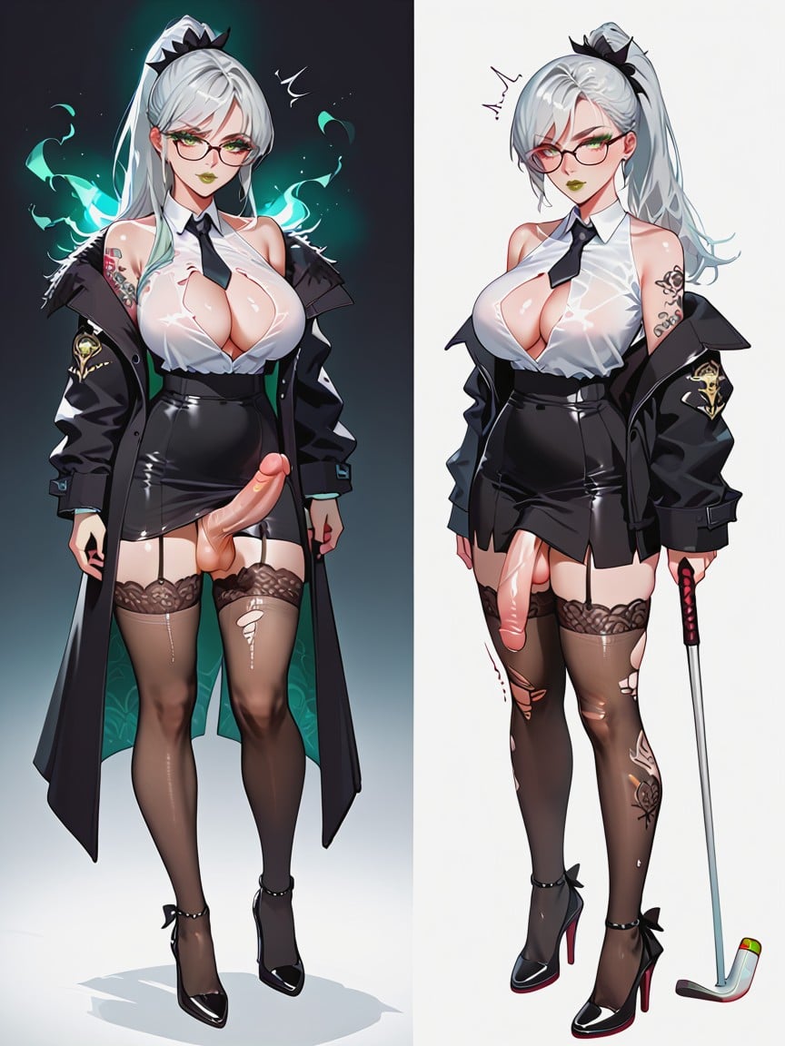 Glossy Green Lips, Anime Style, Small Ass Shemale AI Porn