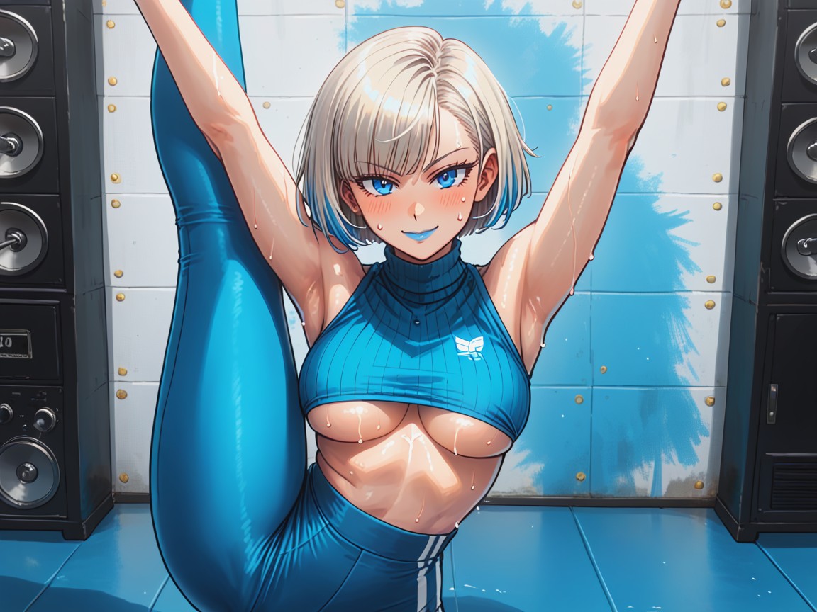 Exercise, Wearing Blue Metallic Training Clothes, Pale Skin Hentai AI Porn