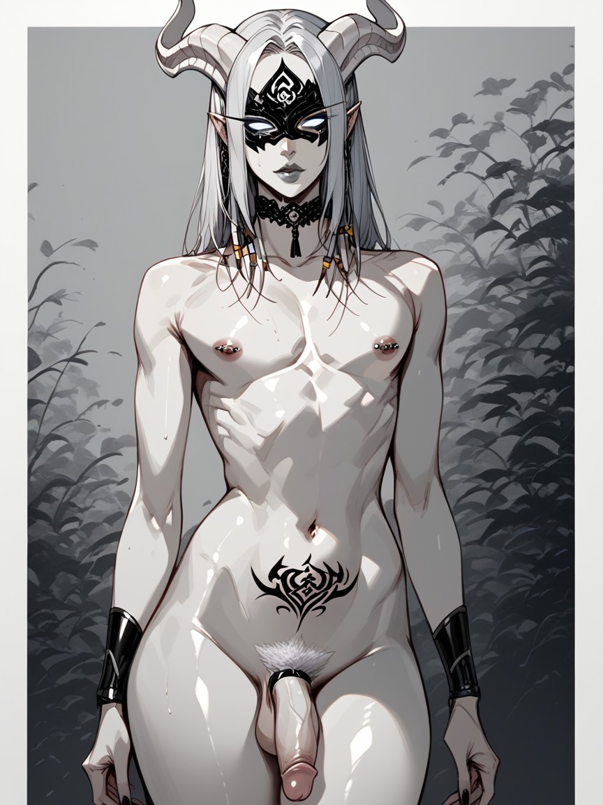 Silver Jewelry All Over The Body, White Pubic Hair, Rear View AI Gay Porn